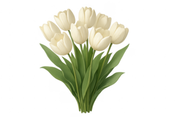 White tulip flower bouquet with green leaves