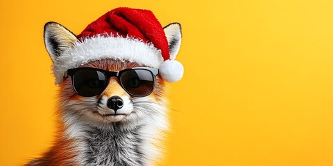 Festive fox wearing sunglasses and holiday hat against bright yellow backdrop
