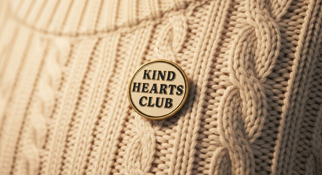 Close-up of Kind Hearts Club pin on knitted sweater, showing values of compassion and empathy. Kind Hearts Club emblem conveys sense of belonging and community.