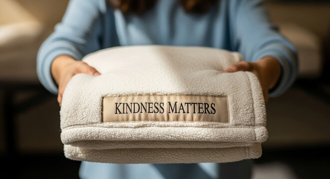 Kindness matters, soft towel held by kind person in bright sunlight. Kindness matters in simple gestures of care and support.