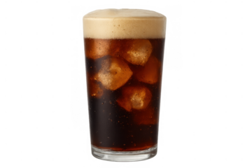 Glass of cola with ice cubes and foam on transparent background, refreshing cold beverage during summer