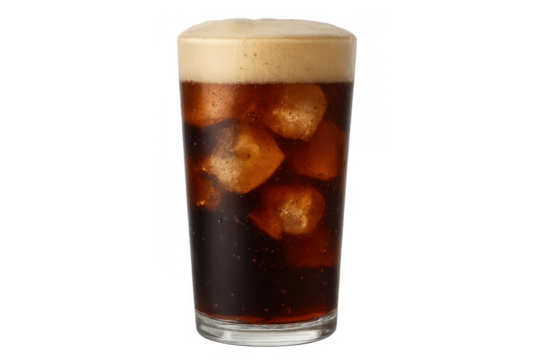 Glass of cola with ice cubes and foam on transparent background, refreshing cold beverage during summer
