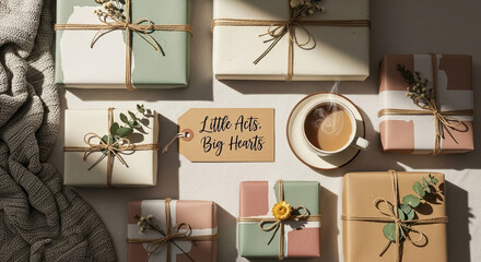 Little acts, big hearts in gift giving shown in aesthetic composition. Little acts, big hearts concept, gift boxes tied with twine, adorned with foliage, with steaming cup of coffee or tea.