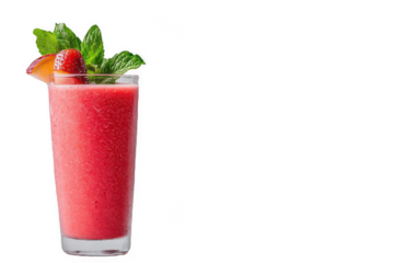 Refreshing strawberry smoothie garnished with mint leaves in a clear glass, perfect for summer vibes and healthy indulgence.