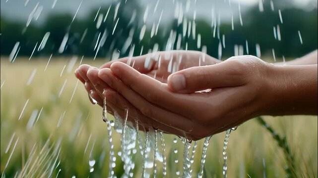 Farmer cupping rainwater in wheat field, highlighting agricultural sustainability and deep with environment natural connection video 4k - Powered by Adobe