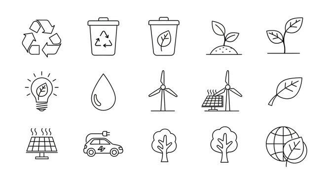 Eco-friendly icons illustrating sustainability, renewable energy, and environmental protection for a greener future