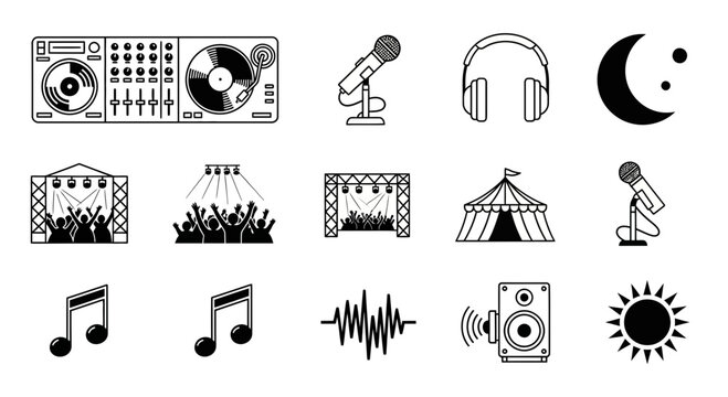 Dynamic music icons representing DJ decks, microphones, headphones, concert stages, and music notes for creative design elements - Powered by Adobe