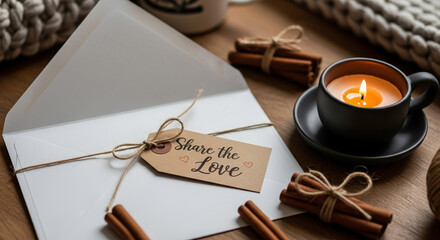 Share the Love with a card and cozy details, featuring a tag that says Share the Love, cinnamon sticks, and lit candle.