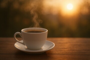Fototapeta premium A steaming cup of coffee sits on a wooden table in a peaceful city park at sunrise, surrounded by soft golden light and blurred trees, evoking calm, warmth, and quiet morning reflection.