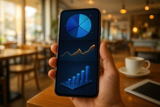 A close-up of a hand holding a modern smartphone displaying futuristic data visualizations — a glowing pie chart, dynamic line graph, and 3D bar diagram — set against a softly blurred, sunlit restaura - Powered by Adobe