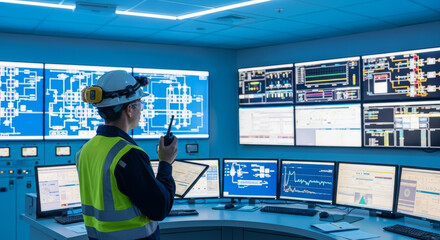 Engineer in control room monitoring multiple screens with technical data