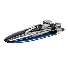 Sleek futuristic chrome spaceship with a blue neon glow.