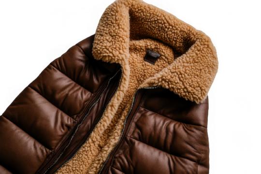 Stylish brown vest with a cozy shearling lining, perfect for winter fashion and outdoor activities. Highlight your style with comfort.