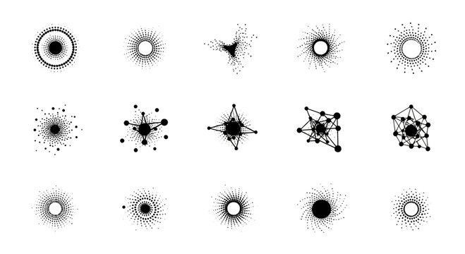 Dynamic set of abstract geometric burst shapes for modern design projects, great for tech, science, or innovative business presentations, vector graphics