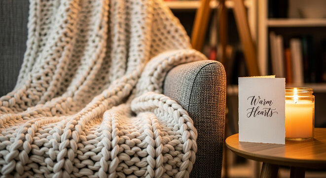 Cozy armchair with warm hearts card and lit candle creates inviting scene. Warm hearts concept displayed in warm ambiance with comforting elements, like thick knit blanket draped over chair.