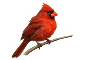Northern cardinal bird perching on branch, vibrant red wildlife against transparent background, cutout animal