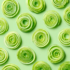 Top view of cucumber slices arranged in a pattern on a light green background food photo