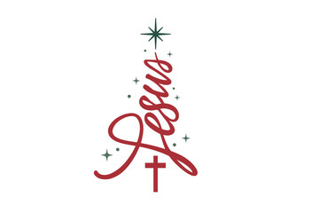 Christian Christmas Tree with "Jesus" Calligraphy and Cross for SVG T Shirt Design