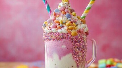 Colorful milkshake with candy and sprinkles delicious dessert treat sweet indulgence food photography