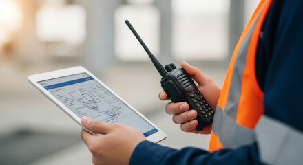 Worker using tablet and walkie-talkie for site communication