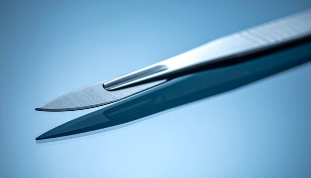 Close up of a surgical scalpel and forceps on a blue background, representing precision and medical tools.
