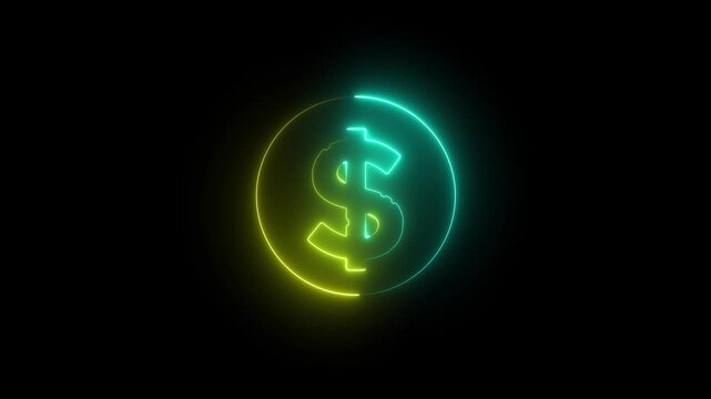 Neon line dollar icon animation inside a glowing circle on black background, representing business, finance, money, profit, and digital economy.