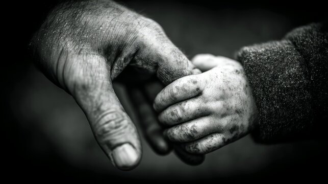 A close-up black and white image shows an adult's weathered hand gently holding a child's small, dirty hand, conveying a sense of protection and intergeneration
