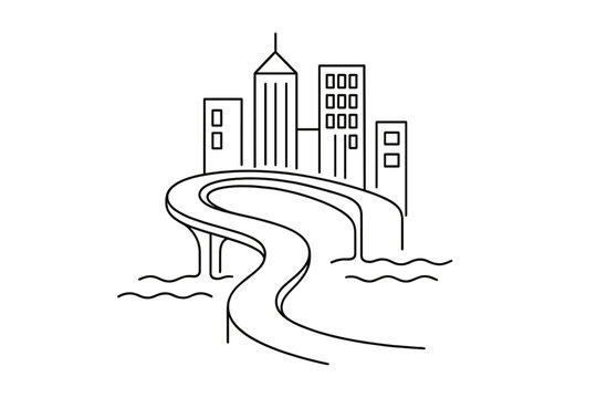 Minimalist Urban Road Design. Urban Adaptation. Minimalistic one-line drawing elevated road winding through