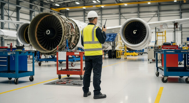 Engineer inspecting airplane engines in a modern hangar