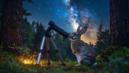 Curious Rabbit Stargazing with Telescope in Enchanted Forest at Night.