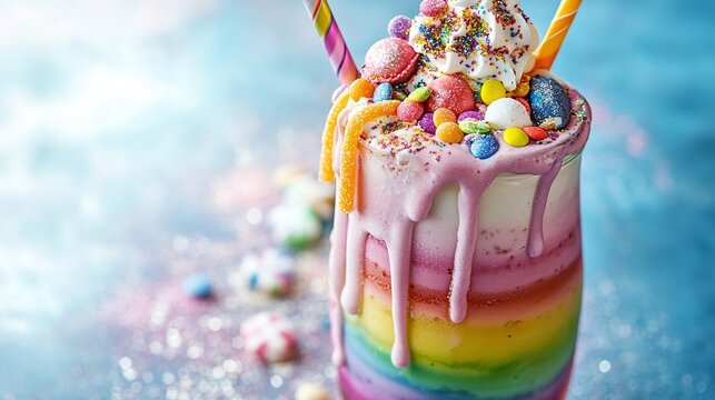 Delicious rainbow milkshake with candy and sprinkles for a sweet treat dessert indulgence delight - Powered by Adobe