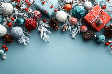 Fototapeta premium Merry Christmas and Happy Holidays greeting card, frame, banner. New Year. Noel. Christmas ornaments and gift on blue background top view. Winter xmas holiday theme. Flat lay