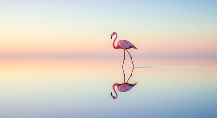 Pink Flamingo Standing in Calm Water with Perfect Reflection at Sunset
