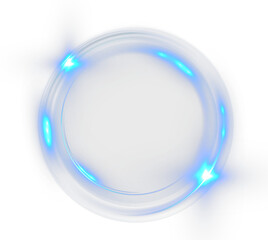 Set of glowing blue neon circular light rings isolated on transparent background, template mockup design.