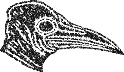 Obraz premium Stipple vector plague doctor mask head profile with long beak, vintage medieval medical costume illustration for gothic design