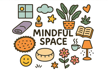 Mindful Doodle Illustration. Mindful space. Hand-drawn doodle illustration of a mindful space. Yoga mat,