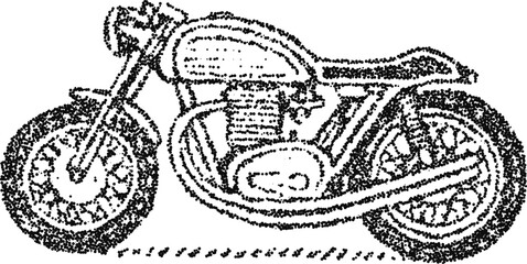 Stipple vector cafe racer motorcycle side profile, vintage custom bike illustration with classic frame and engine detail