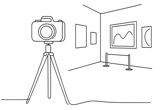 Minimalist Camera Illustration. Artistic Photography. Minimalistic one-line drawing tripod-mounted camera