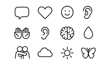 Empathy Icons Grid. Empathetic communication. Line outline icon set of empathetic communication: speech bubble