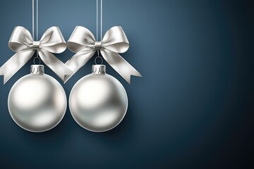 3D render of two hanging silver Christmas ornaments with bows on dark blue background and copy space for text, ideal for banner and festive design concepts