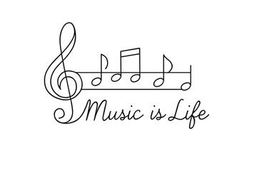 Naklejka premium Minimalist Music Symbol. “Music is Life”. Minimalistic one-line drawing of a treble clef and musical notes,