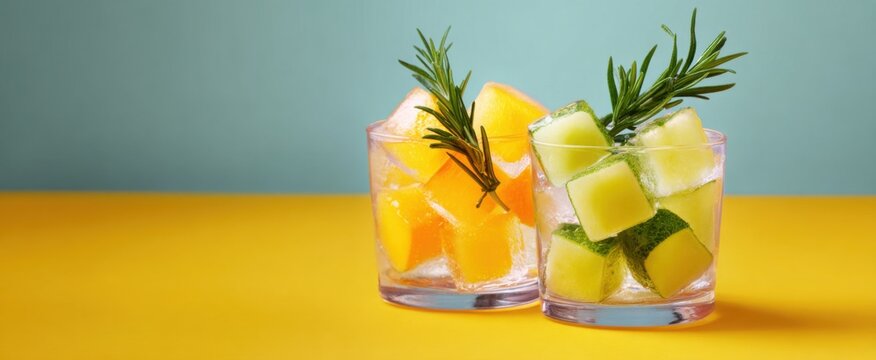 Infused ice cubes clinking evoke crisp joy and cool refreshing moments.