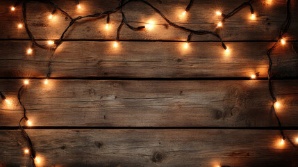christmas string lights on old vintage wooden background