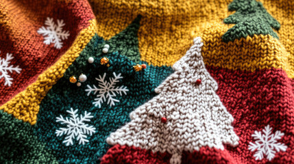Festive nordic knit pattern design featuring christmas trees and snowflakes holiday decor cozy atmosphere vibrant colors