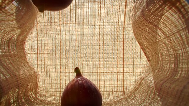 Close-up of a fig fruit in front of a textured background, showcasing its unique shape and rich color.