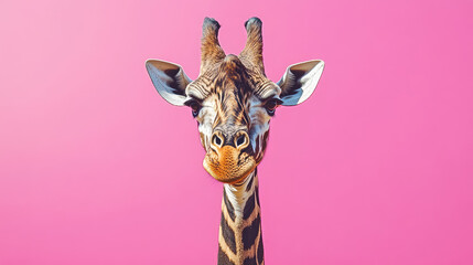 A giraffe standing in front of a pink background