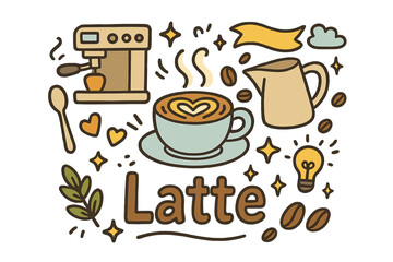 Latte Art Doodle. Latte art. Hand-drawn doodle illustration of latte art. Cup, espresso machine, froth, heart