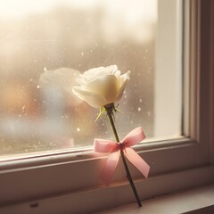 Delicate White Rose by a Sunny Window