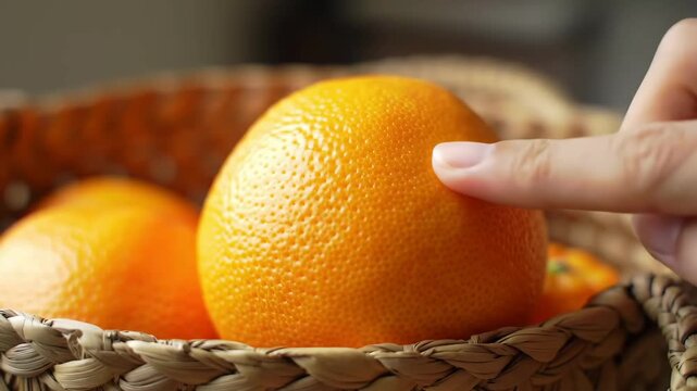 Close-up of a hand touching and picking up a fresh, ripe orange from a woven basket, showcasing healthy citrus fruit.