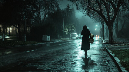 A lone mother walking down a quiet, rainy street at night, holding a teddy bear tightly in her arms, her face soft with longing and sorrow as she thinks of her child